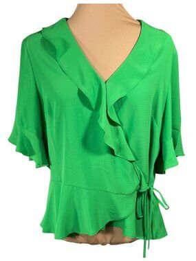 Gibson Latimer Wrap Blouse Top Size L Large Green Ruffle Side Tie